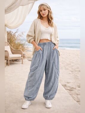 DAVI & DANI Blue Striped Wide-Leg Elastic-waist Barrel Pants